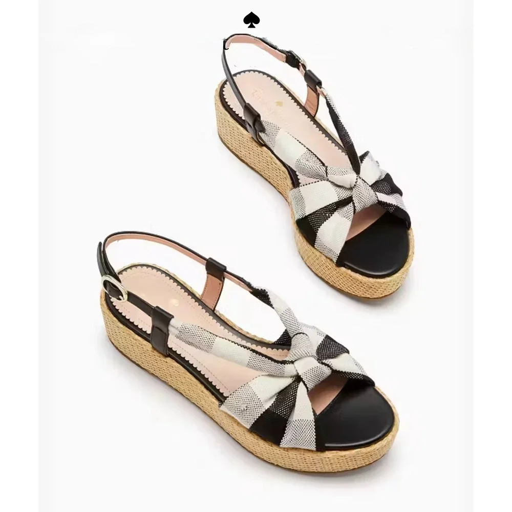 Kate Spade Plaid Gingham Betsy Sandal Black Cream Cottagecore Coquette NWOB US 8
